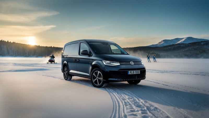 En blå VW Caddy Cargo står på en frusen sjö med skidåkare och skoter i bakgrunden