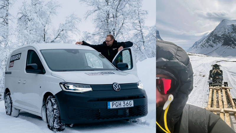 Bildmontage med Jakob Berggren och hans Caddy Cargo samt en person som står bakom en skoter