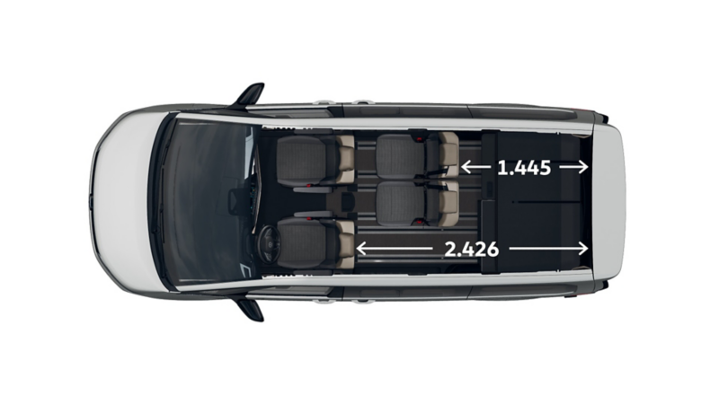 VW California Beach Camper mått, interiör. Längd från förarsätets ryggstöd till baklucka: 2 426 mm. Längd från tredje sätesraden till baklucka: 1 445 mm.