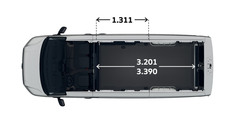 VW Crafter Skåp måttskiss uppifrån med lastyta.