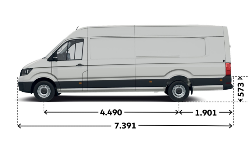 VW Crafter Skåp med långt axelavstånd, överhäng och högt tak, måttskiss.