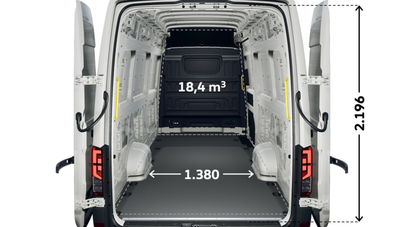 Lastutrymme på VW Crafter Skåp med långt axelavstånd, överhäng och högt tak, måttskiss.