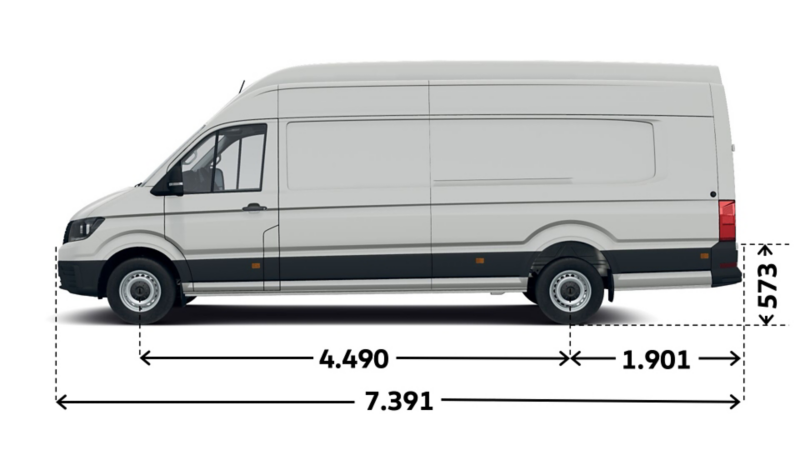 Lastutrymme på VW Crafter Skåp med långt axelavstånd, överhäng och högt tak, måttskiss.