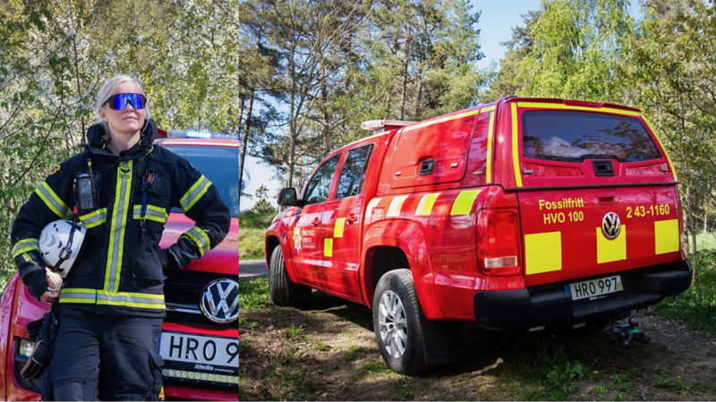 Bildmontage: till vänster brandmannen Elna och till höger hennes räddningsfordon, en röd VW Amarok
