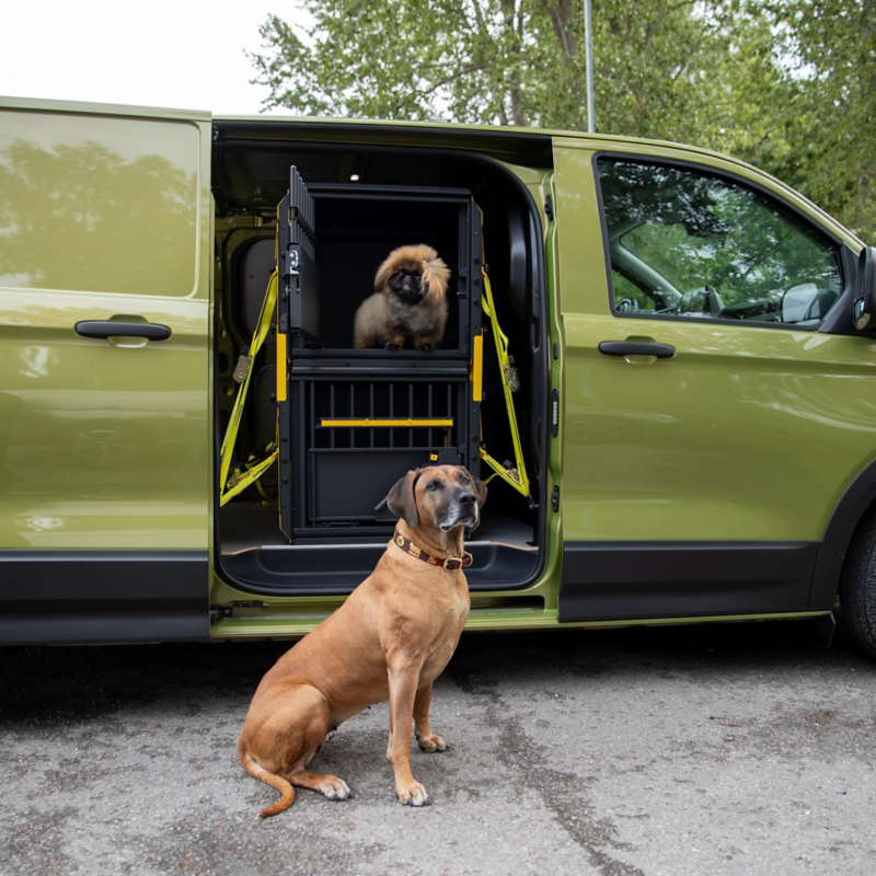 Hundburar i en VW Transporter. En hund sitter i buren och en annan sitter utanför skåpbilen.