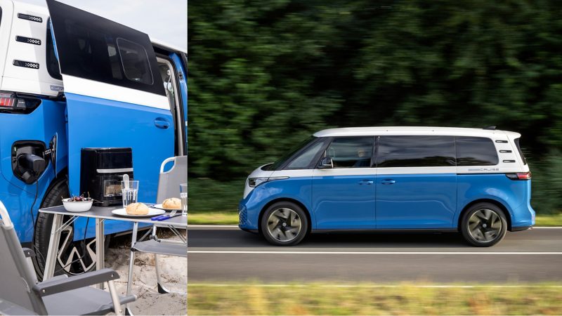 Bildmontage med en VW ID. California. Till vänster uppställt campingbord och till höger bilen som kör på en väg.