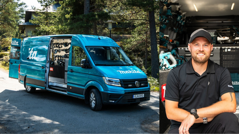 Bildmontage med en folierad Crafter med Makita emblem samt Mikael Hägglund från Makita