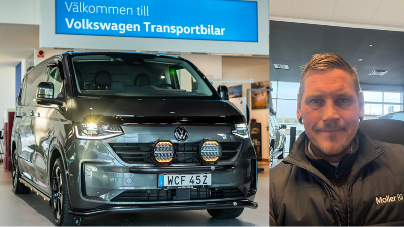Bildmontage av en specialanpassad VW Transporter T7 och Jonas Eriksson från Möller Bil
