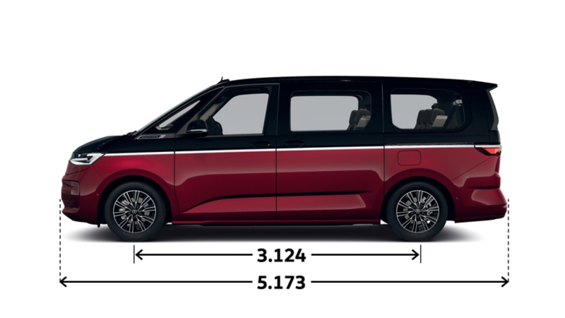 Måttskisser för nya VW Multivan familjebil laddhybrid