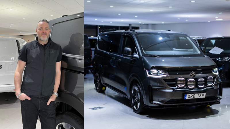 Bildmontage. Till vänster Mats Lundin från Norrbil. Till höger en specialinredd VW Transporter