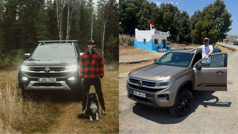 Bildmontage på Oskar Snickrar. Till vänster med sin egen VW Amarok och sin hund. Till höger i en VW Amarok PanAmericana i Marocko.