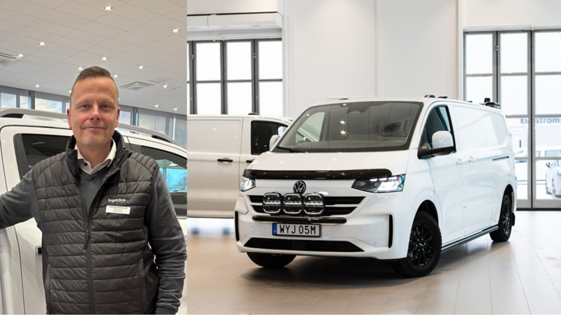 Bildmontage med Christian Petersson från Engströms Bil samt en vit VW e-Transporter Skåp