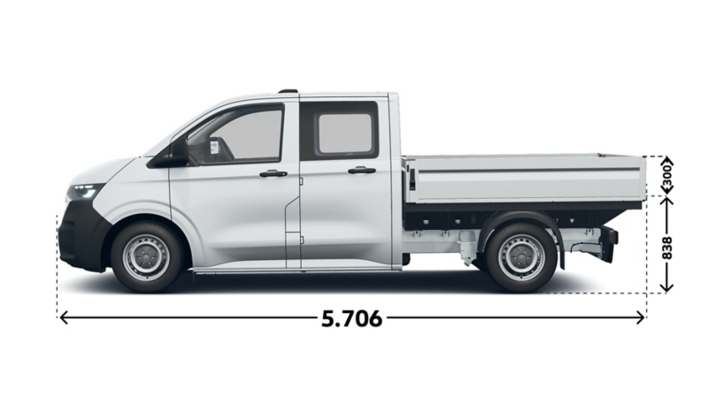 En VW Pickup Dubbelhytt från sidan med mått
