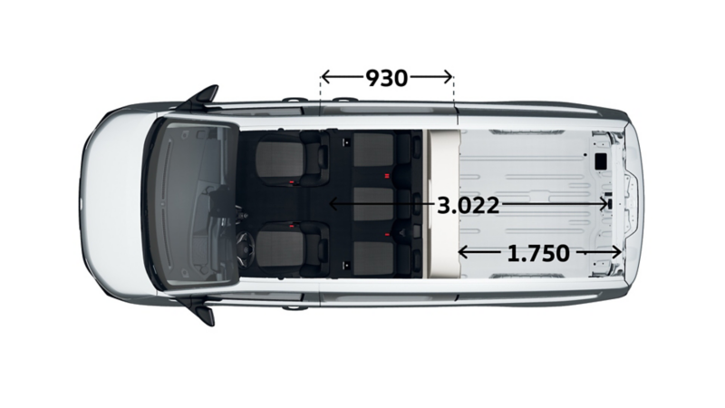 Måttskiss VW Transporter Twin Cabin Salming Edition framifrån: lastutrymme uppifrån.