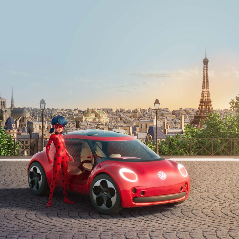 animation of Volkswagen Beetle with a superhero standing beside it
