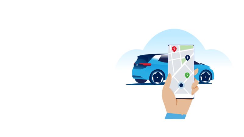 Smartphone con app WeConnect e sezione della mappa incl. punti contrassegnati