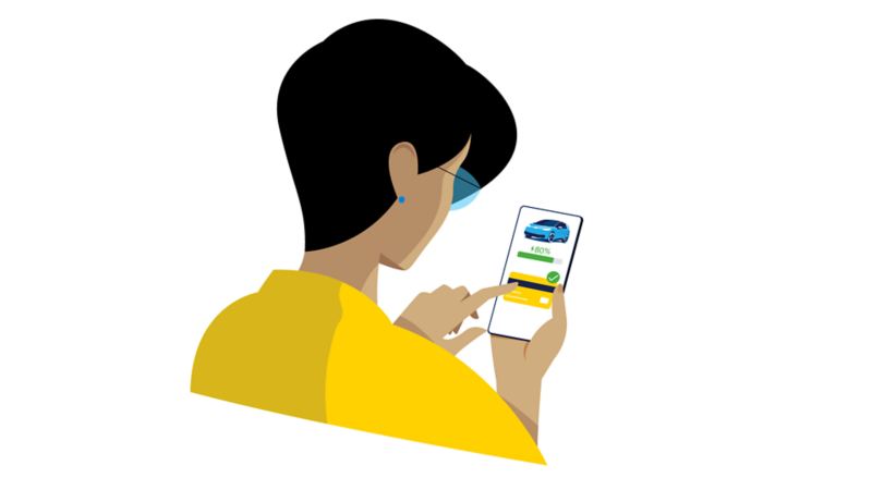 Smartphone avec l’icône de l’application WeConnect et confirmation de paiement