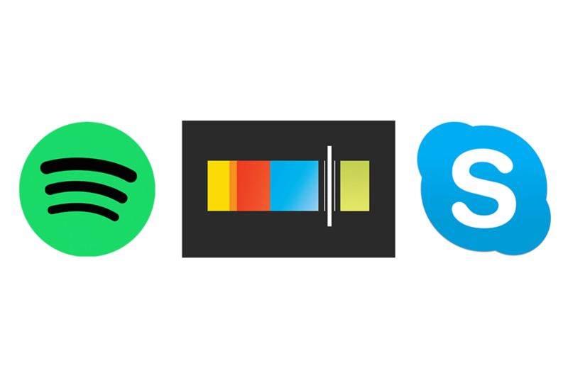 Spotify, Stitcher, Skype logos on a white background