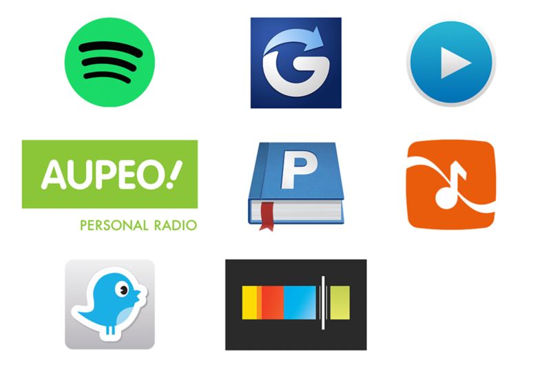 Spotify,  Powered by RockScout, Glympse, Audioteka, AUPEO!, Parkopedia, RockScout, DoorBird, Stitcher logos on a white background