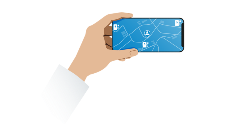 Illustration of a smartphone with a position needle that points towards a charging station on a map