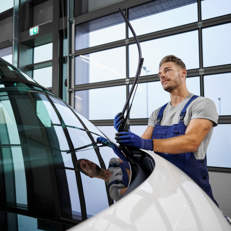 Un technicien Volkswagen Véhicules Utilitaires est en train d'inspecter un balais d'essuie-glace