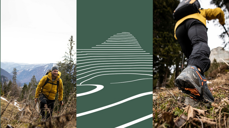 Collage de trois images : à gauche, un homme randonne en montagne. Au centre, des lignes stylisées du California sur fond vert. À droite, vue en contre-plongée d’un randonneur gravissant une pente raide.