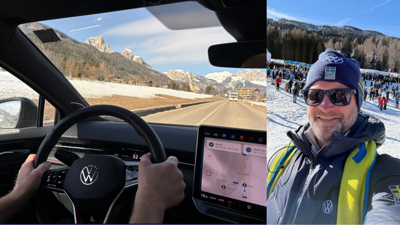 Kollage där Volkswagen ID.7 inifrån kör genom alperna till vänster i bild. Till höger i bild porträtt av Magnus Bertilsson