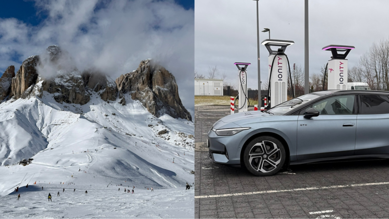 Ett kollage med alperna till vänster i bild och Volkswagen ID.7 GTX som laddas vid en IONITY-laddstation till höger i bild.