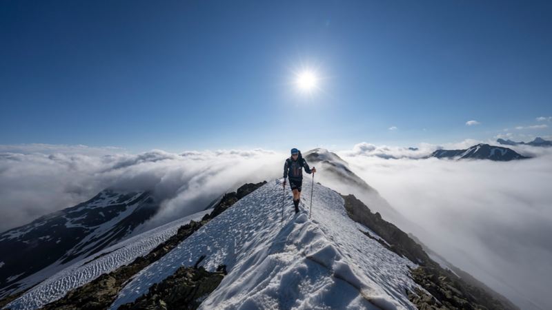 Christian Maurer wandert im Schnee über einen Berg