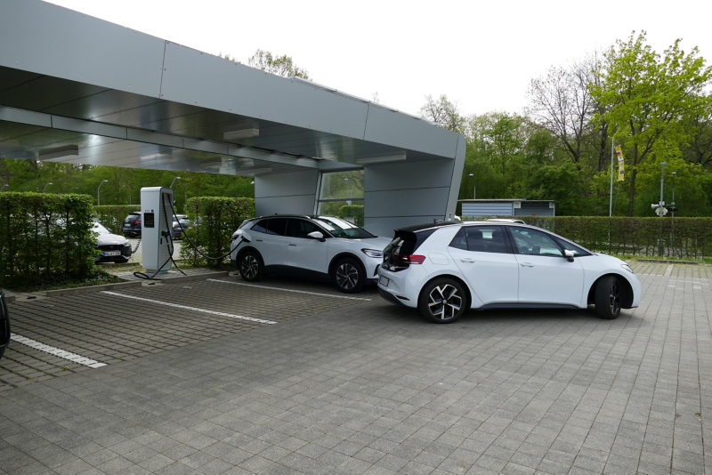 An ID 3 drives into the charging park of VW's Transparent Factory