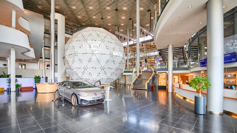 VW ID.7 show car in the ID Square in front of the Kugelhaus in the VW Transparent Factory