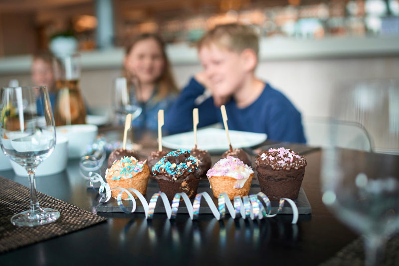 Festively arranged dishes for children's birthday parties in the restaurant of the Transparent Factory