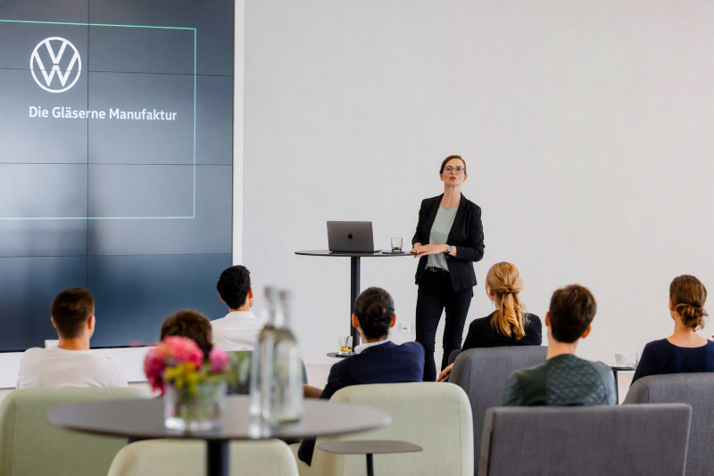 Eine Frau redet zu Gästen während eines Events