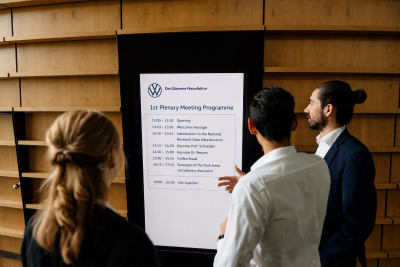 Three people looking at a screen in the entrance area of the Transparent Factory.