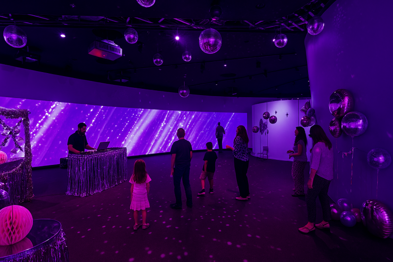 In einem Raum mit vielen Rundungen tanzen personen. Ein DJ steht an seinem Pult. Es ist eine purpelfarbene Lichtstimmung mit Diskokugeln an der Decke und großer Leinwand im Hintergrund